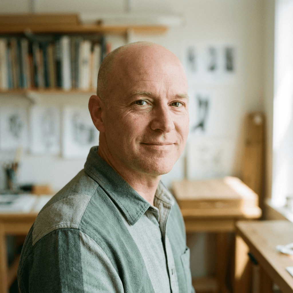 Smiling bald man in a green shirt in a bright studio with bookshelves and sketches.