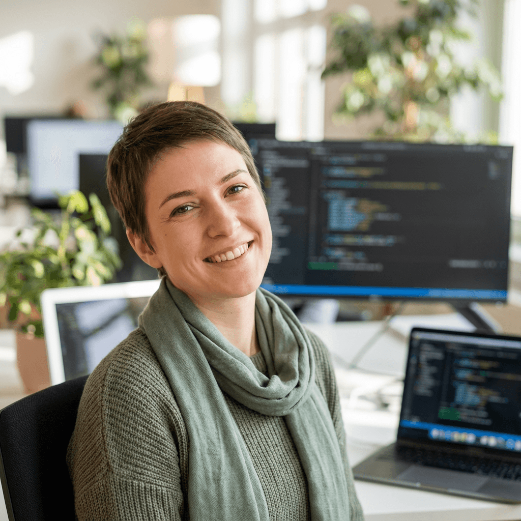 Smiling woman with short hair in a green sweater sitting before computer monitors showing code.
