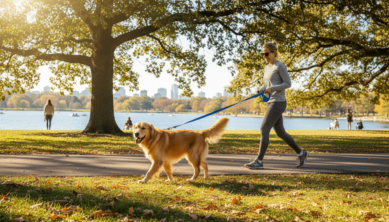 Happy dog walking on leash with owner in sunny park setting