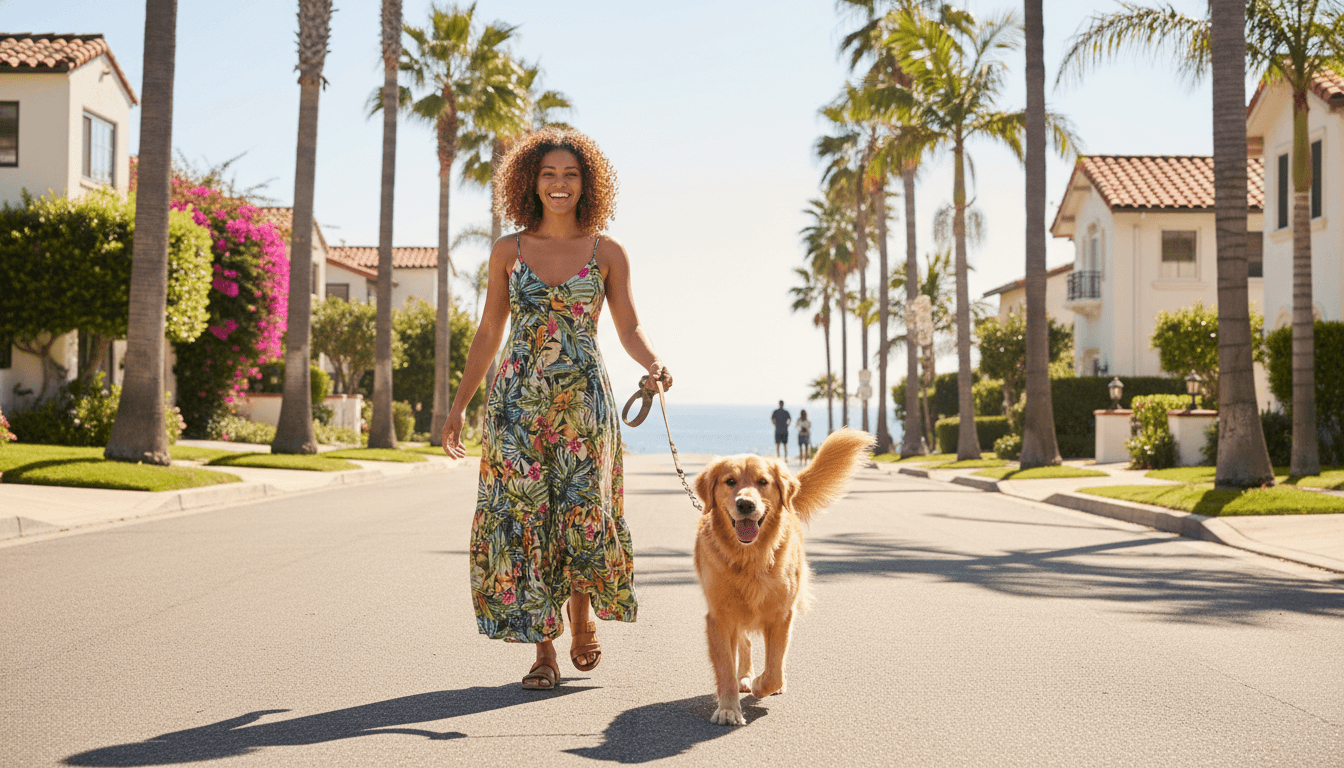 A smiling pet owner walking a happy dog on a sunny residential street in a tropical neighborhood