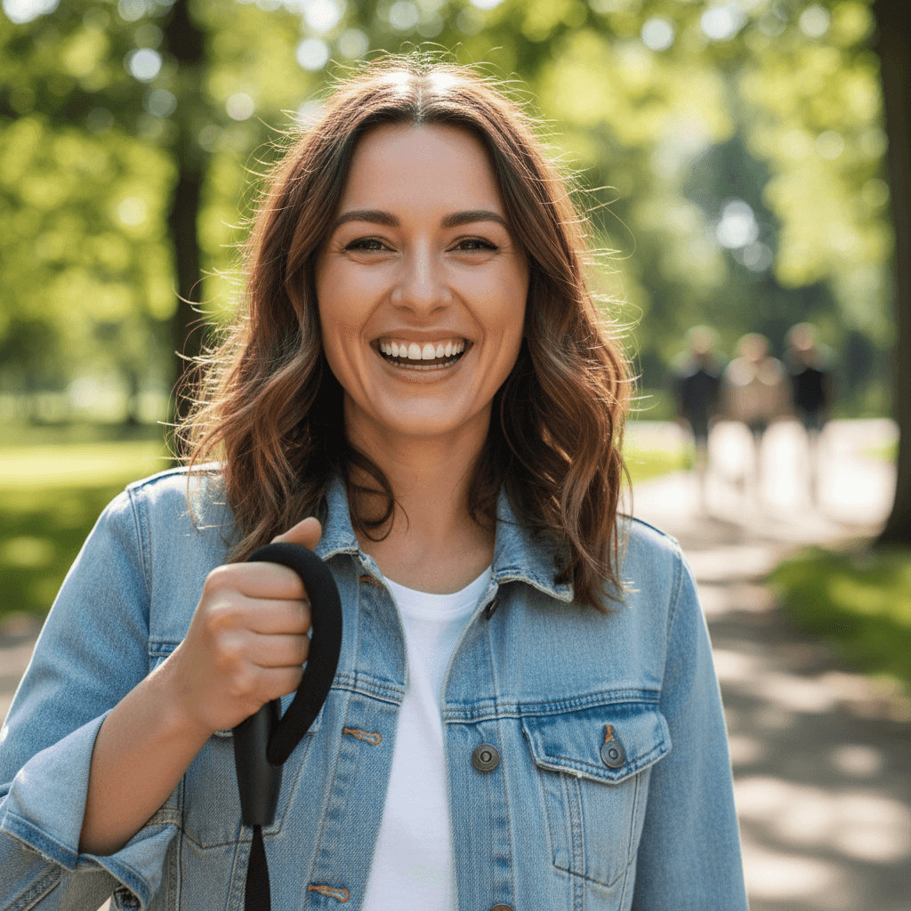 close-up of a smiling woman holding a leash with a blurred park background