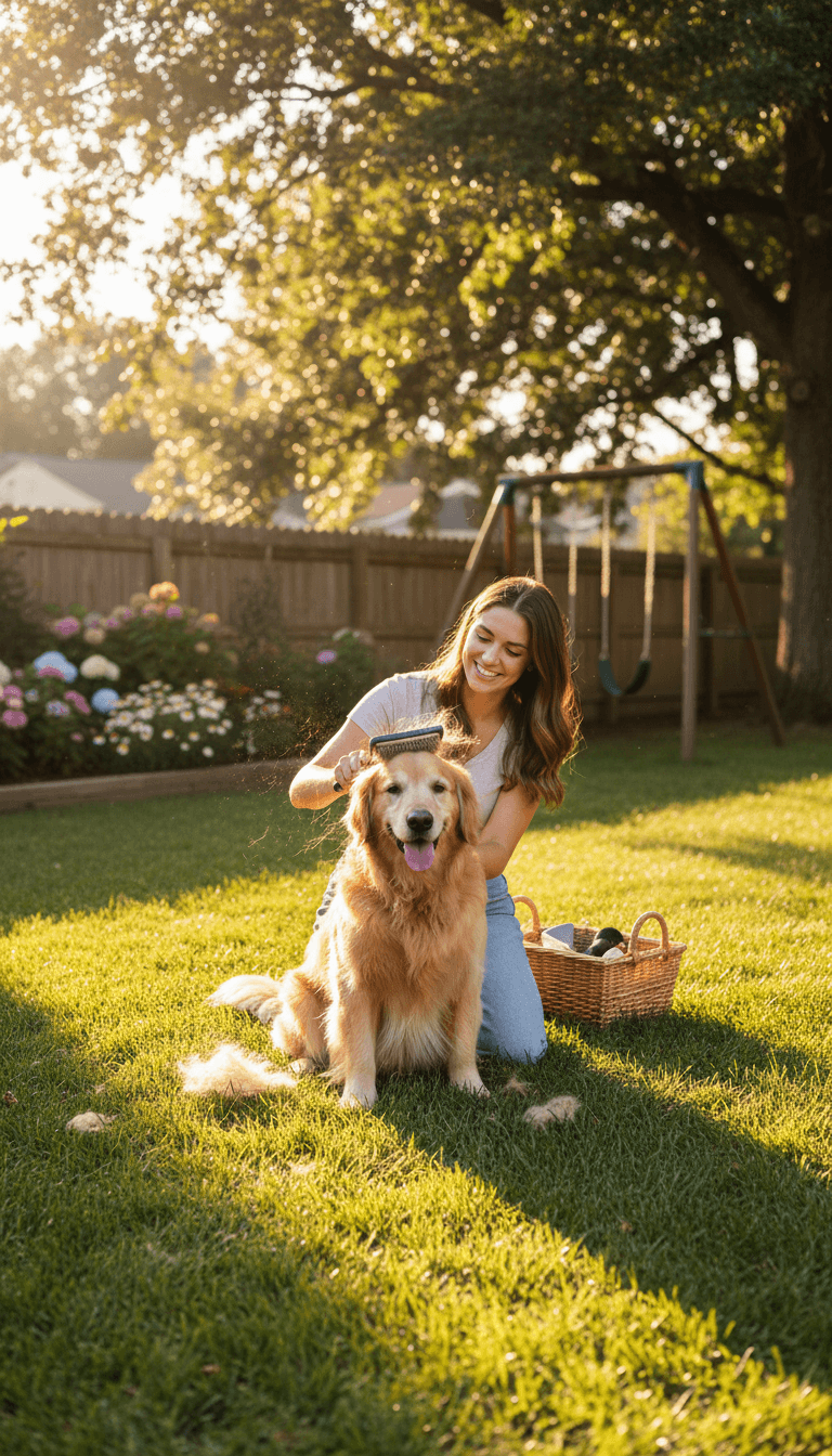 Pet owner brushing a golden retriever in a sunny backyard