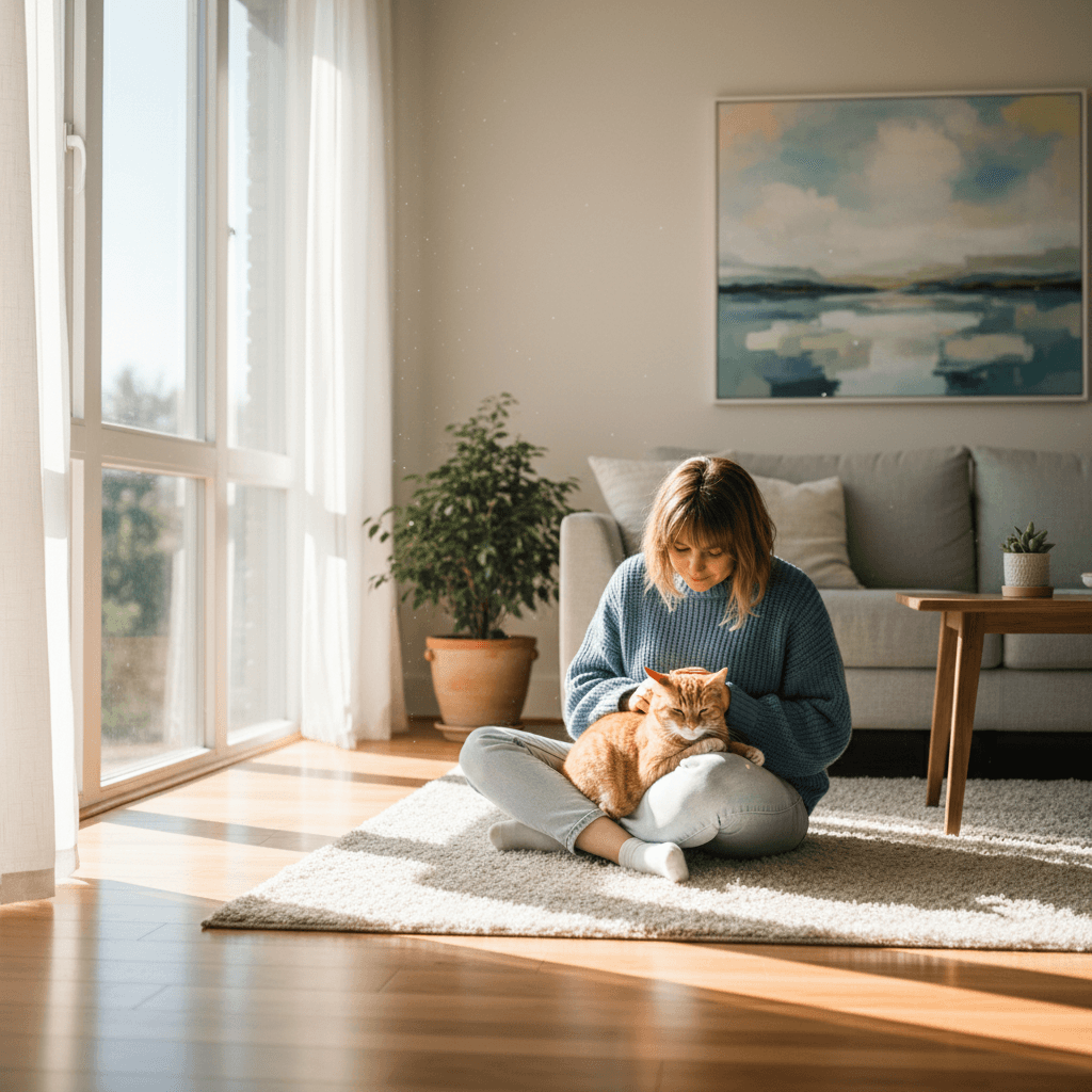 person sitting on floor petting a relaxed cat in bright living room