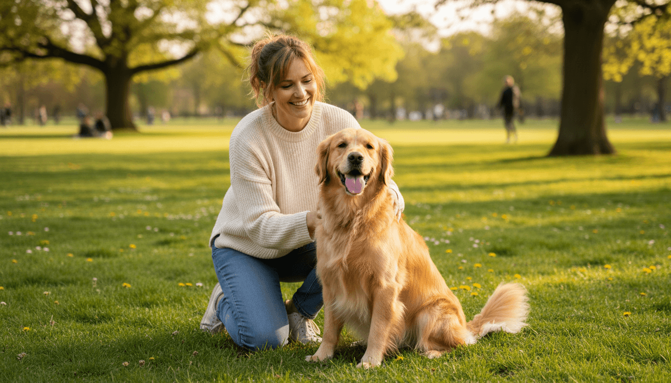 Pet owner petting their golden retriever in a park in Hawaii