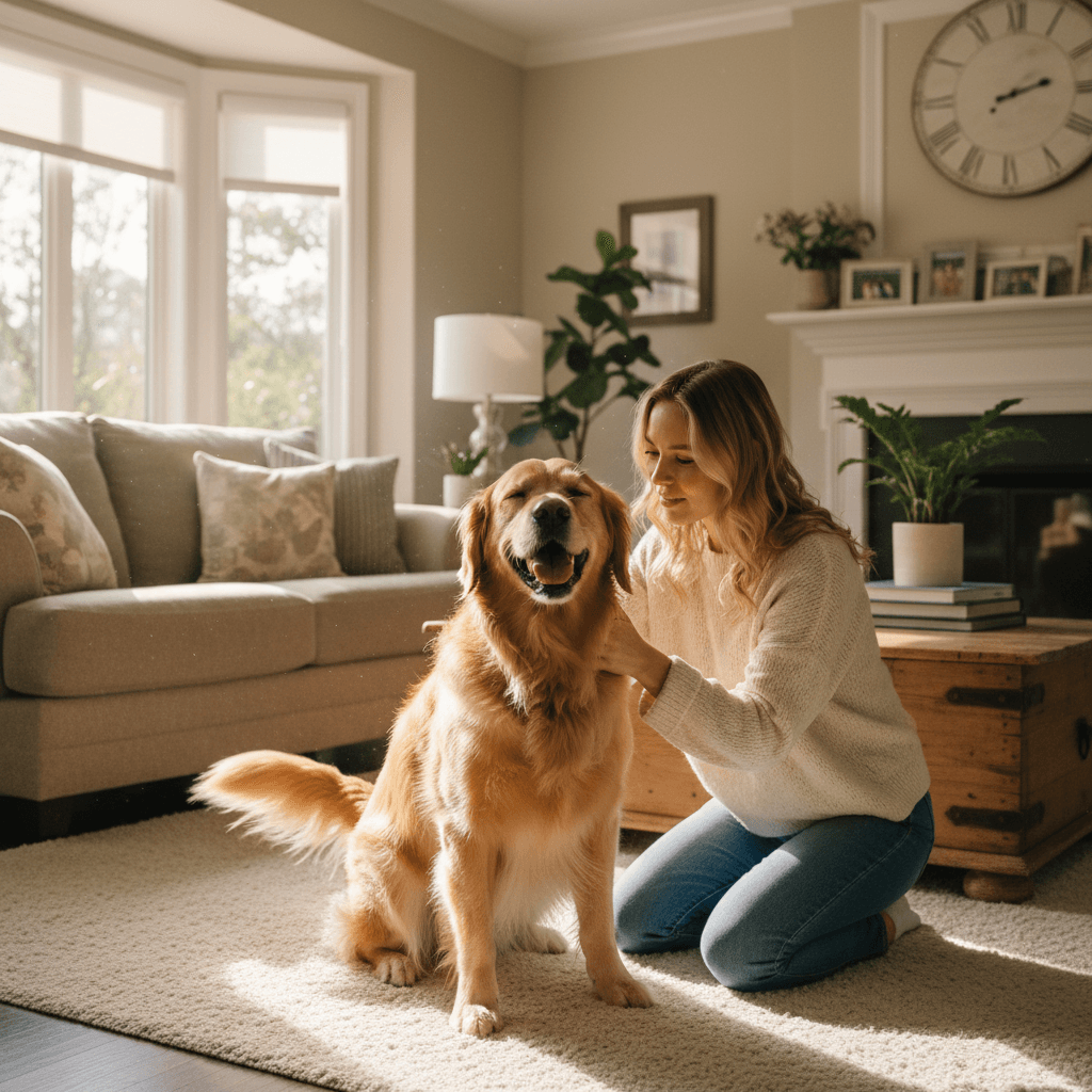 Person gently petting a happy golden retriever in a sunny living room