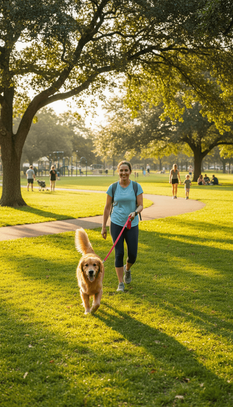 dog walking through a green park path