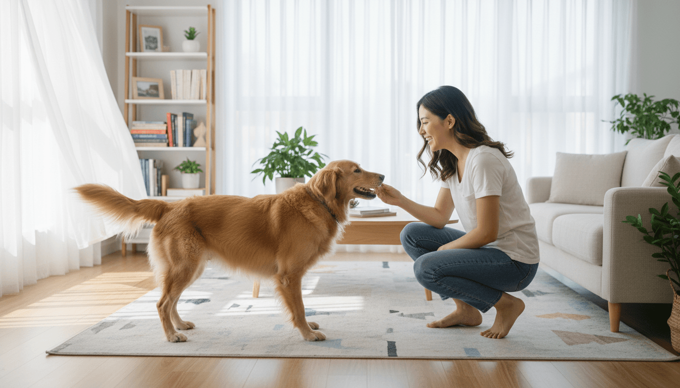 Pet owner smiling while greeting a friendly dog in a bright living room