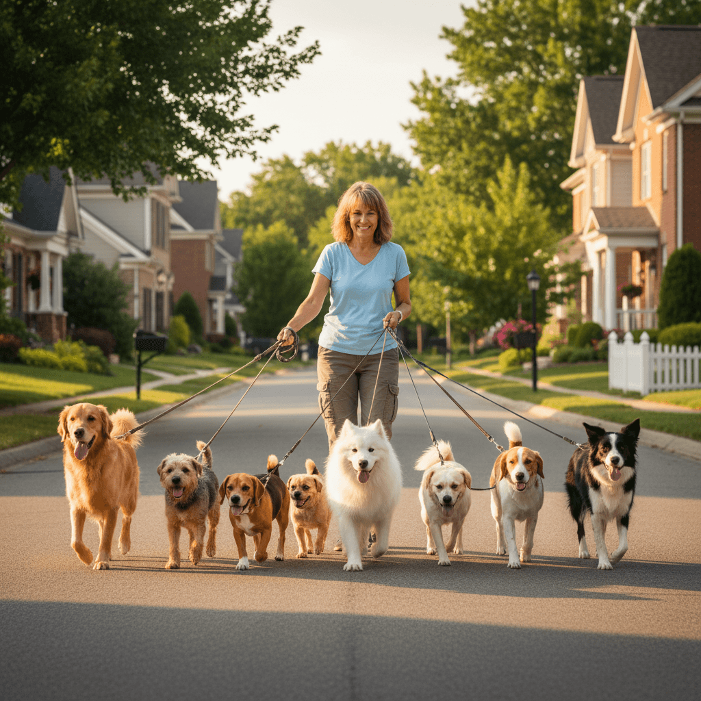 Several dogs on leashes walking together with a handler on a residential street