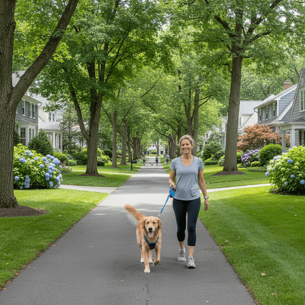 person walking a happy dog on a leash through a green neighborhood