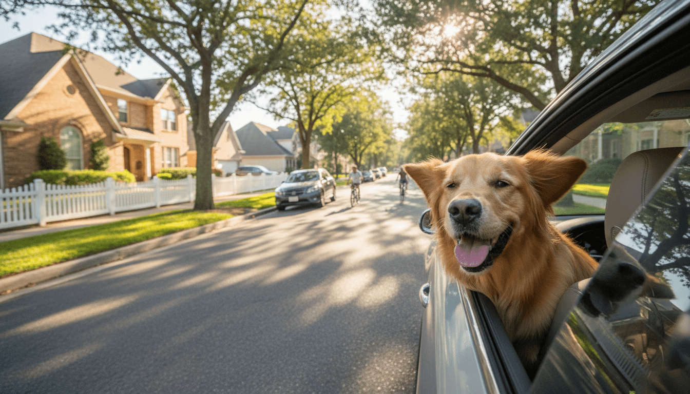 Happy dog looking out a car window on a sunny suburban street