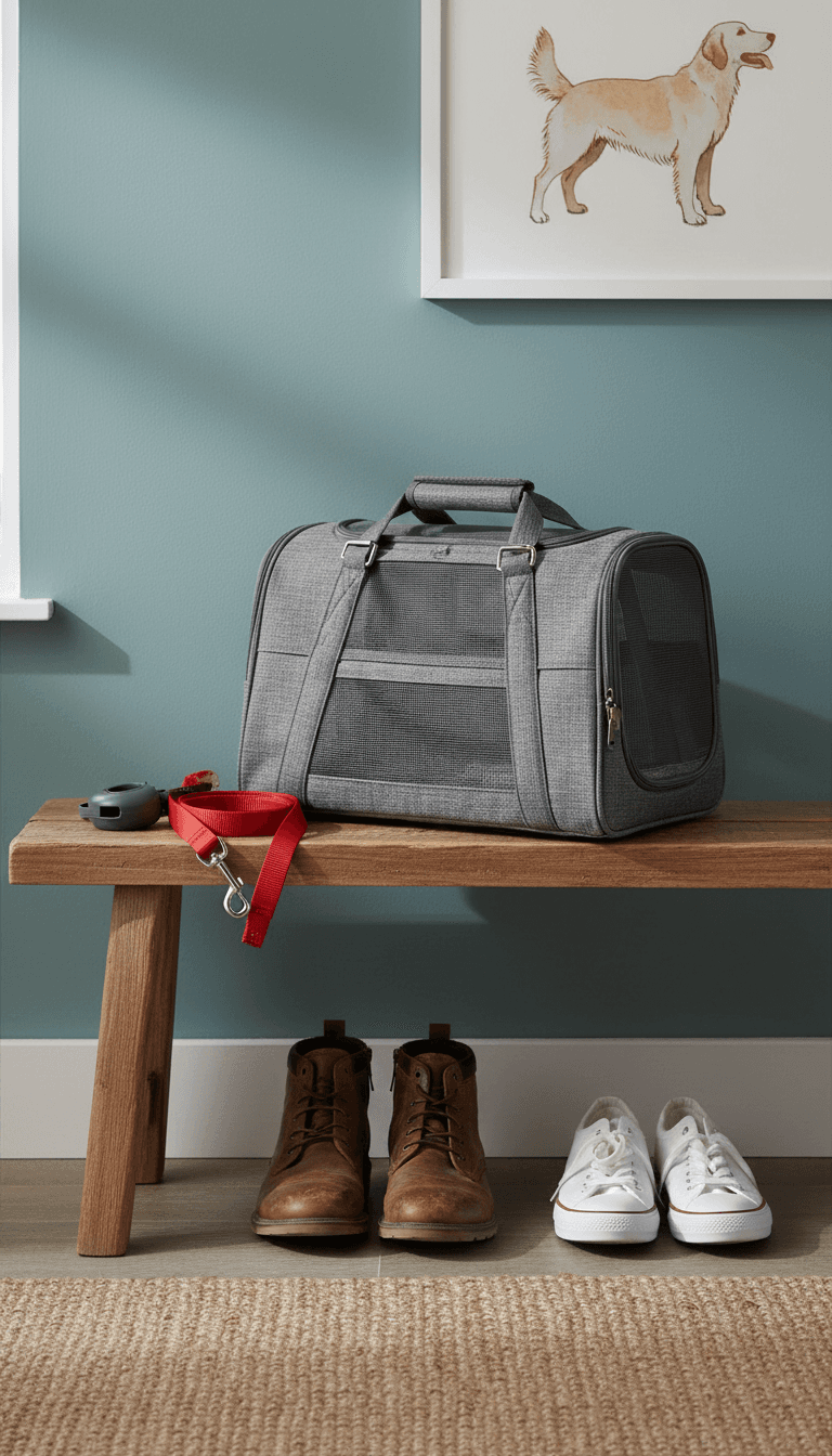 Pet carrier and leash arranged on an entryway bench