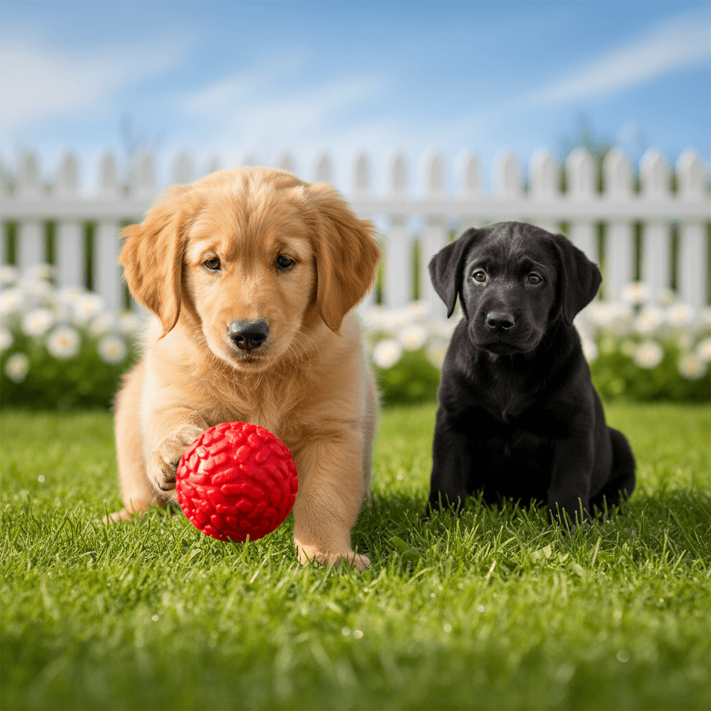 Two puppies playing together on green grass