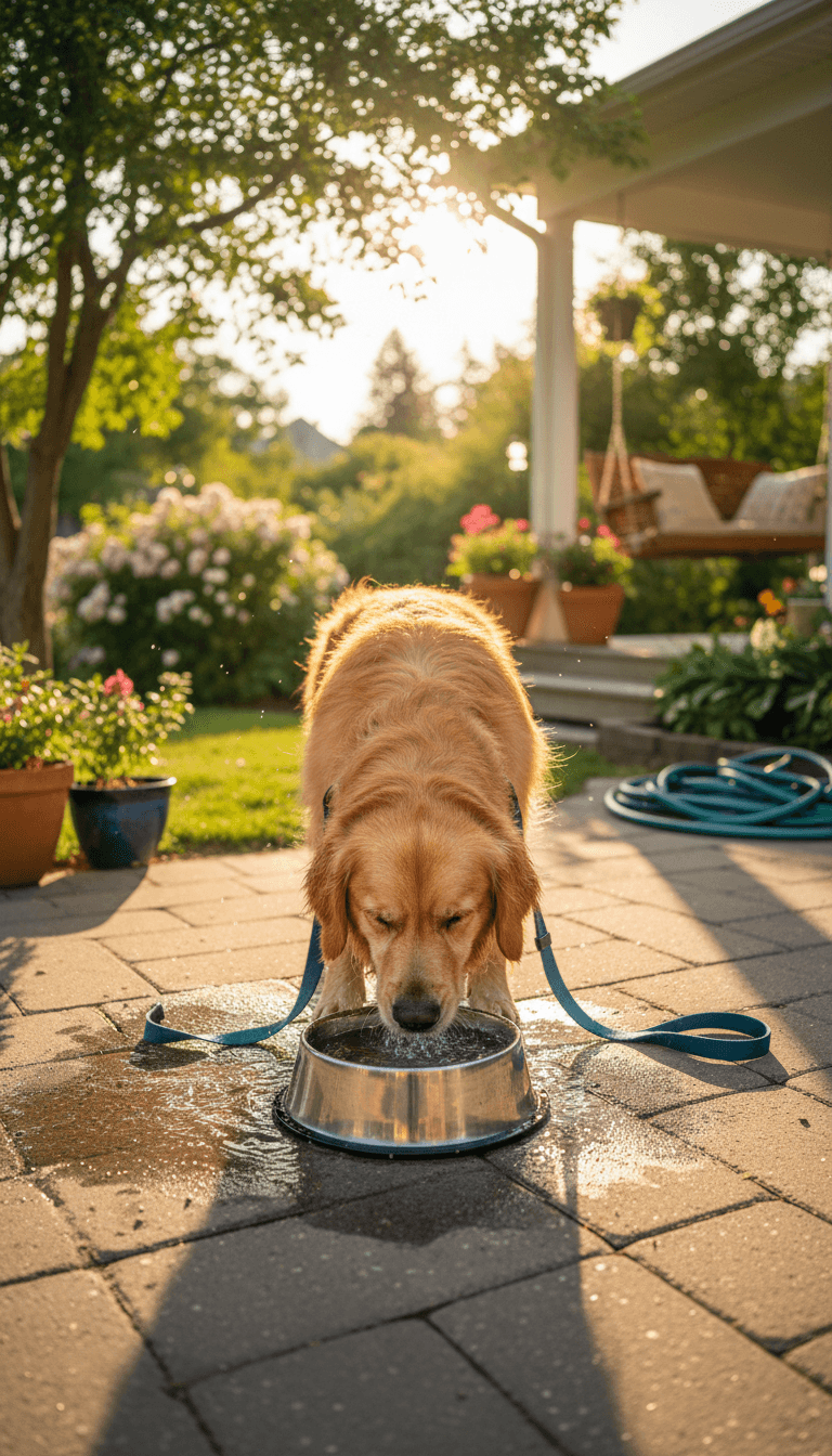 Dog drinking water from a bowl after a walk outdoors