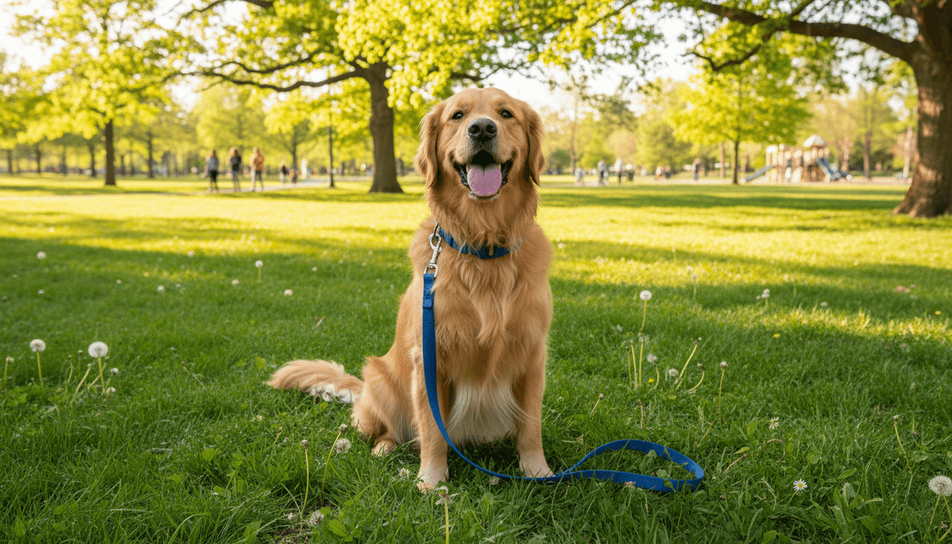 Happy golden retriever sitting on a sunny lawn with a leash and collar