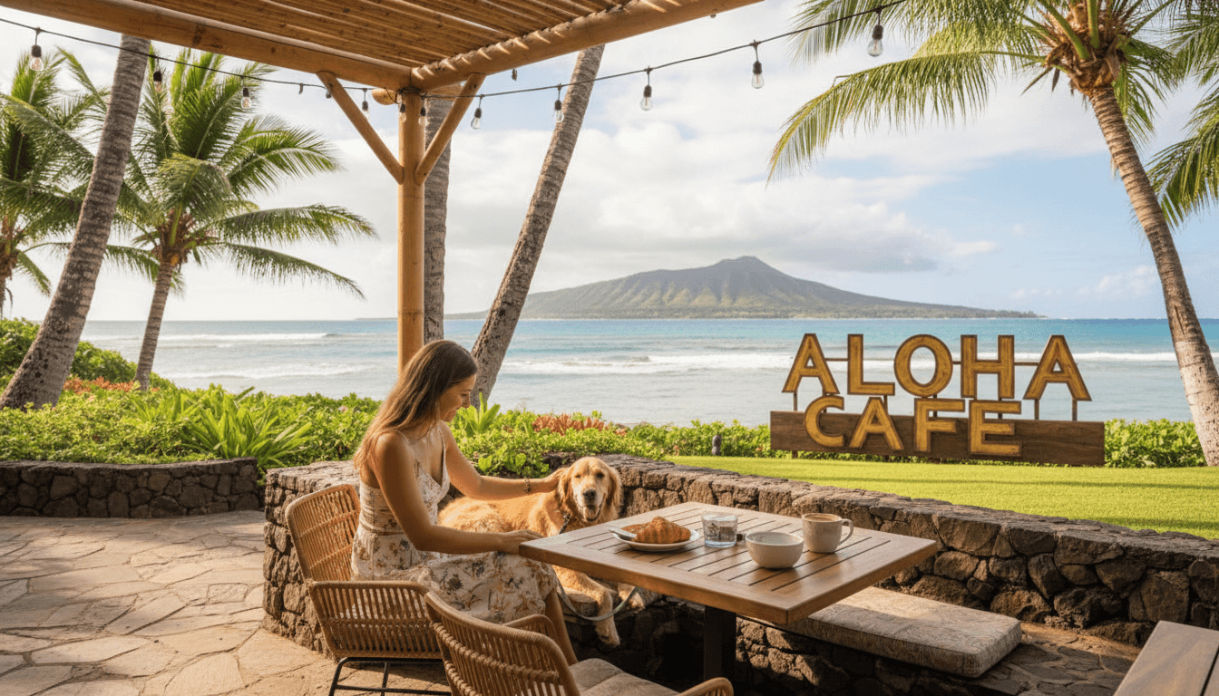 pet owner and dog relaxing at an outdoor cafe in Hawaii
