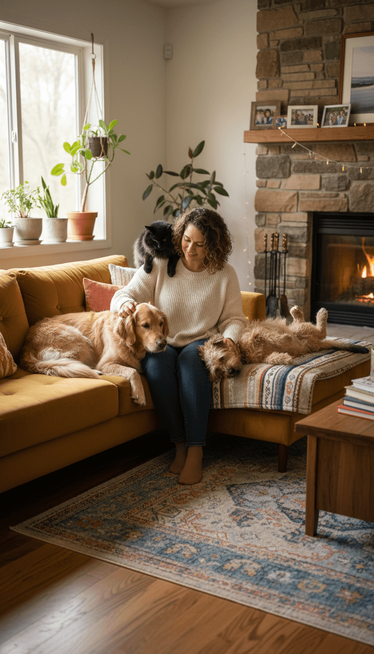 pet sitter relaxing with pets inside a home