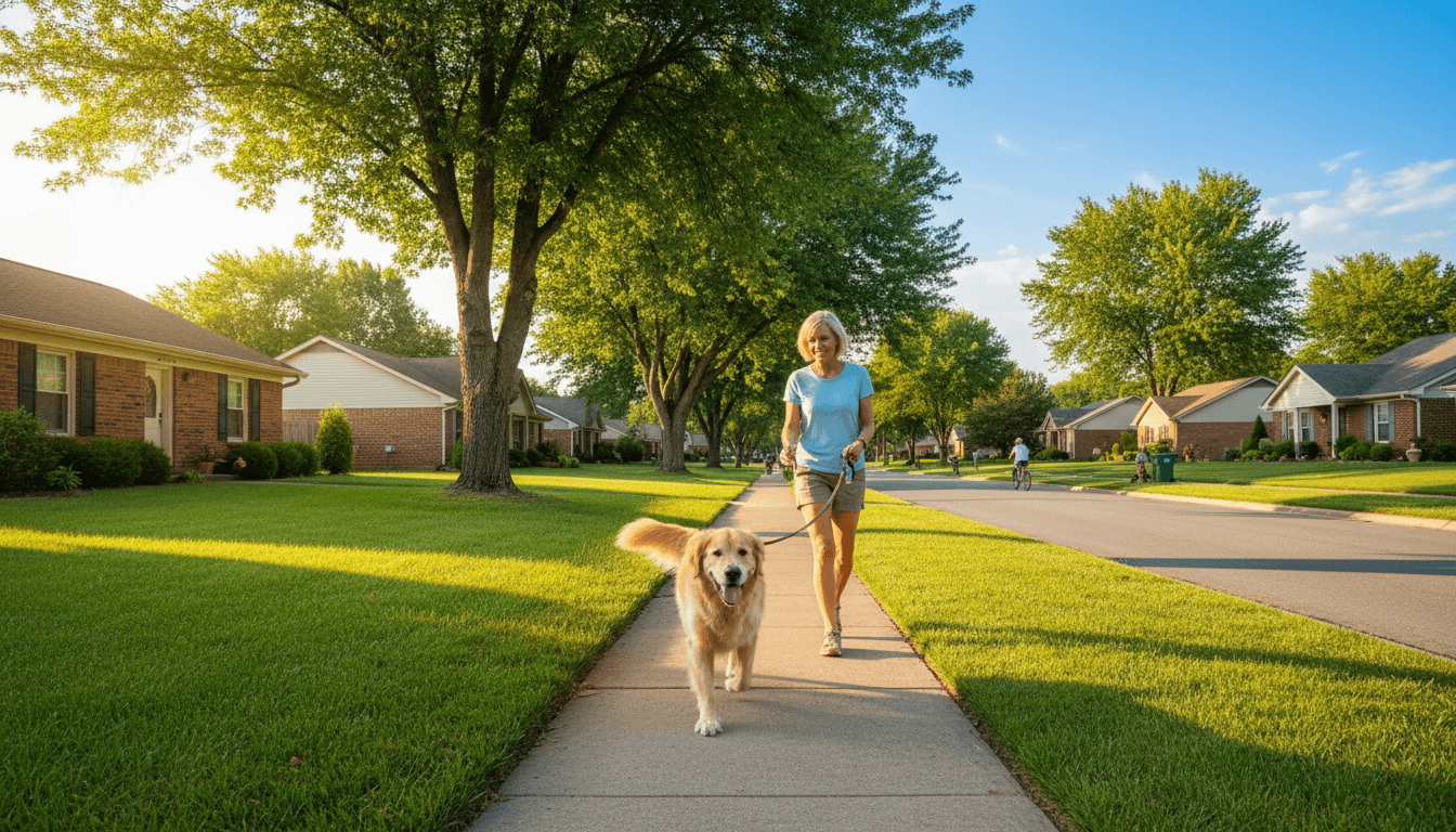 Elaina Smith walking a golden retriever in a sunny East Honolulu neighborhood
