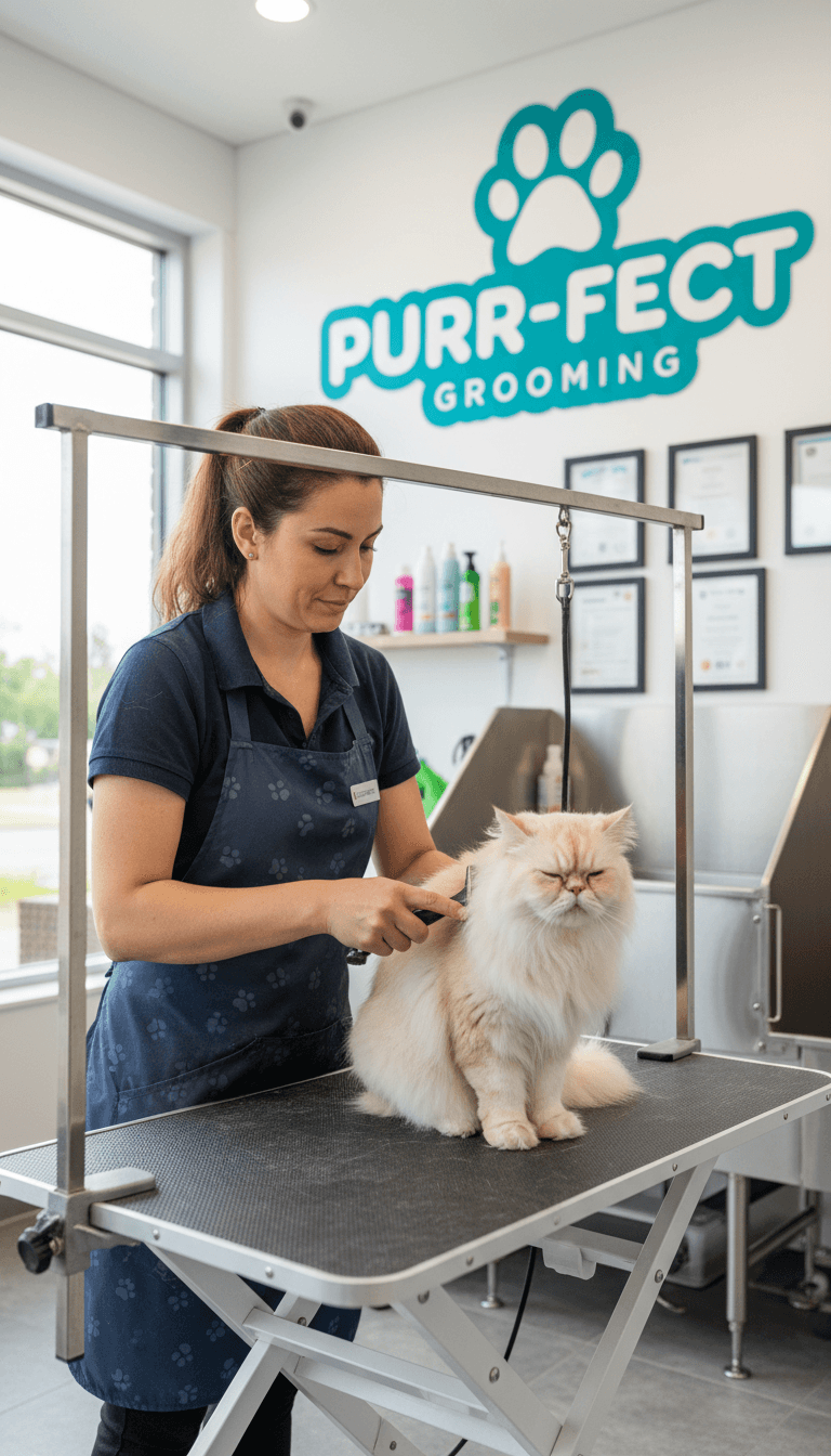 cat being brushed by groomer in clean room