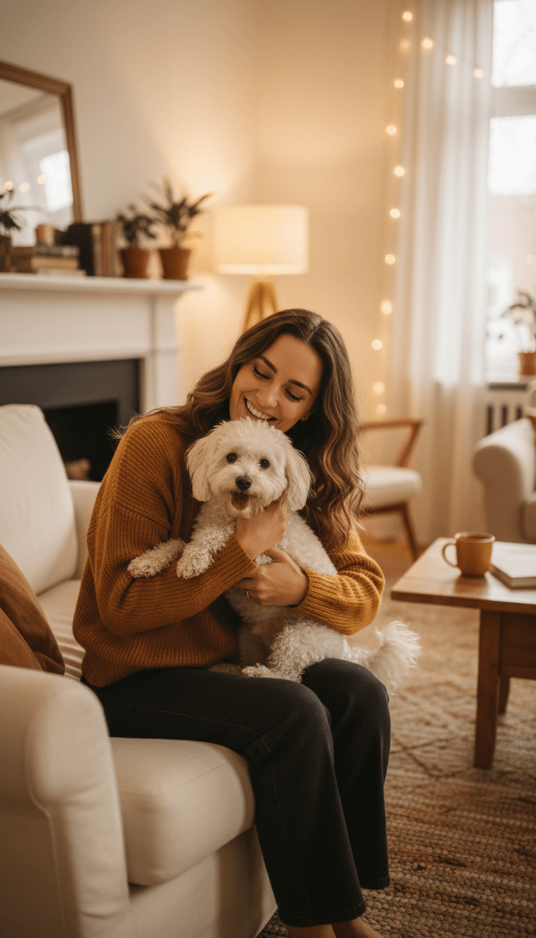 Woman holding a small dog in a cozy home setting