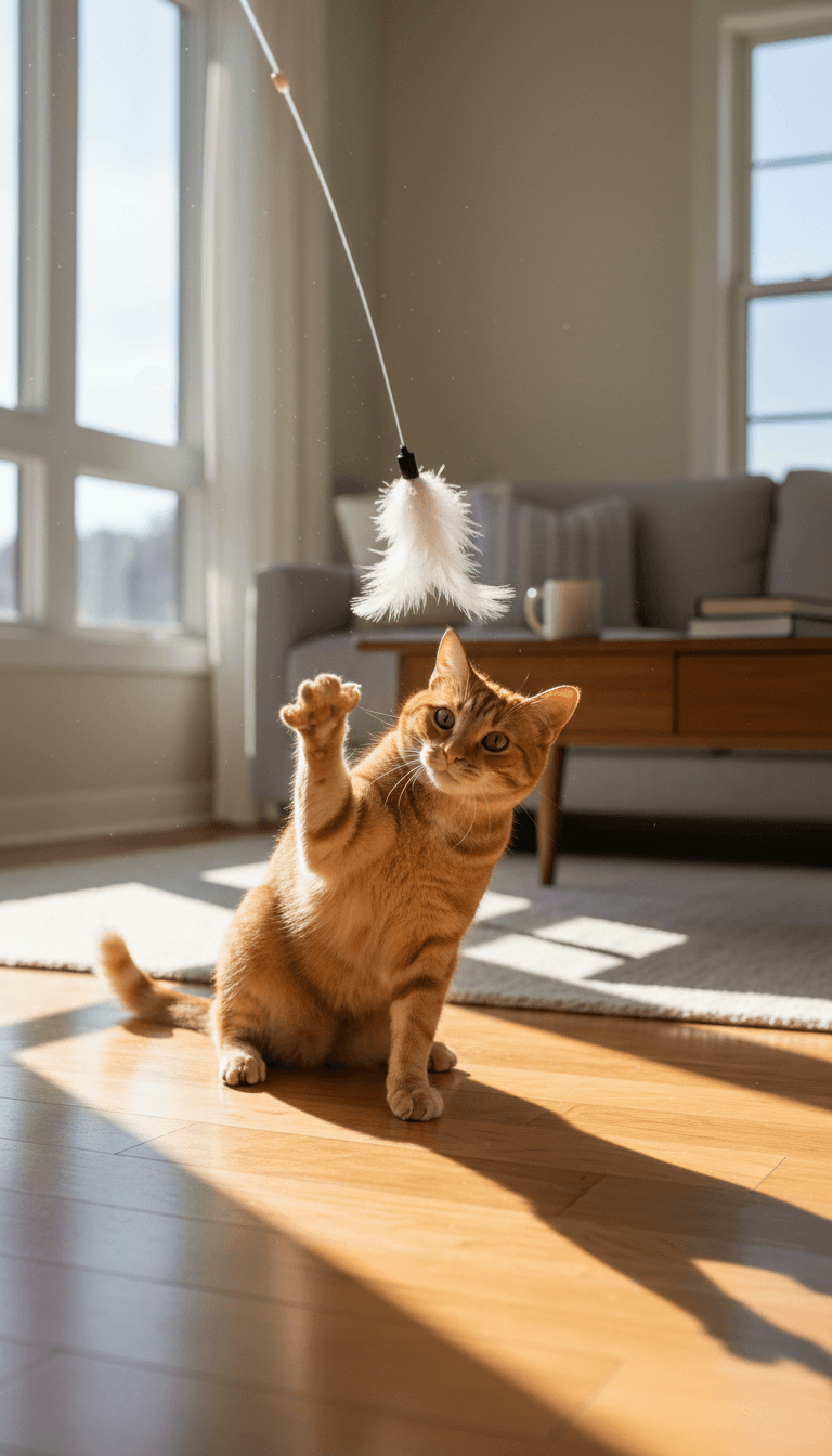 Cat playing with a feather toy on a living room floor