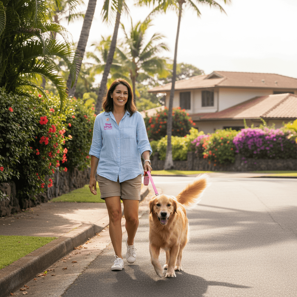 Woman walking a happy golden retriever on a sunny suburban street in Honolulu