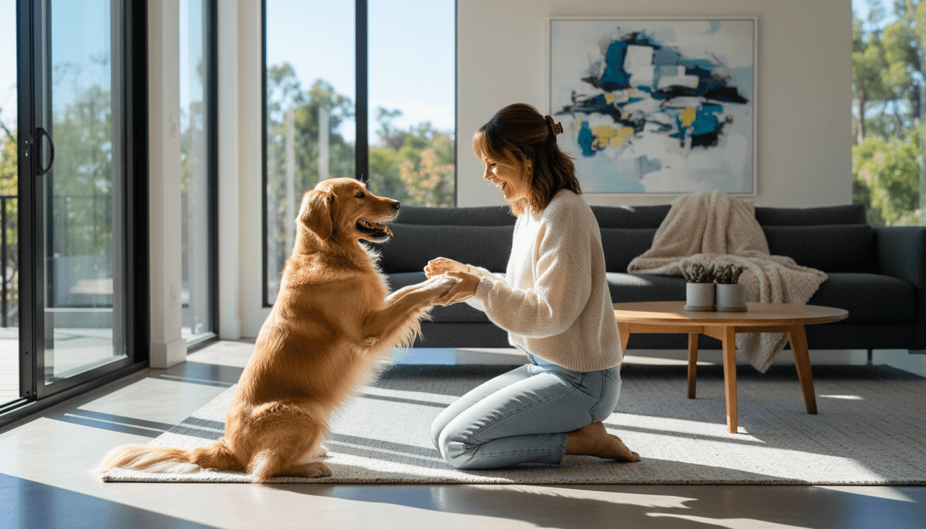 Woman kneeling on floor smiling at a happy dog in a sunlit modern living room