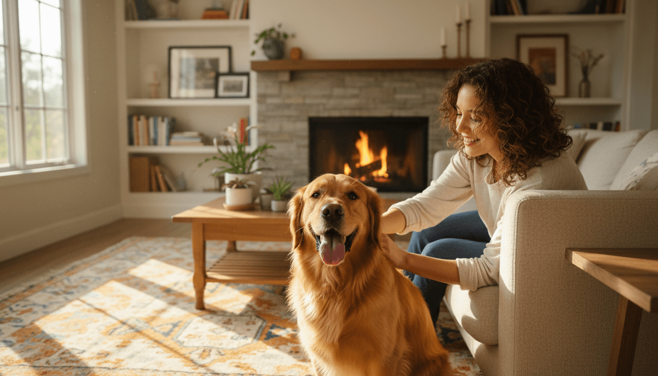 Happy dog being petted by owner in warm sunny living room