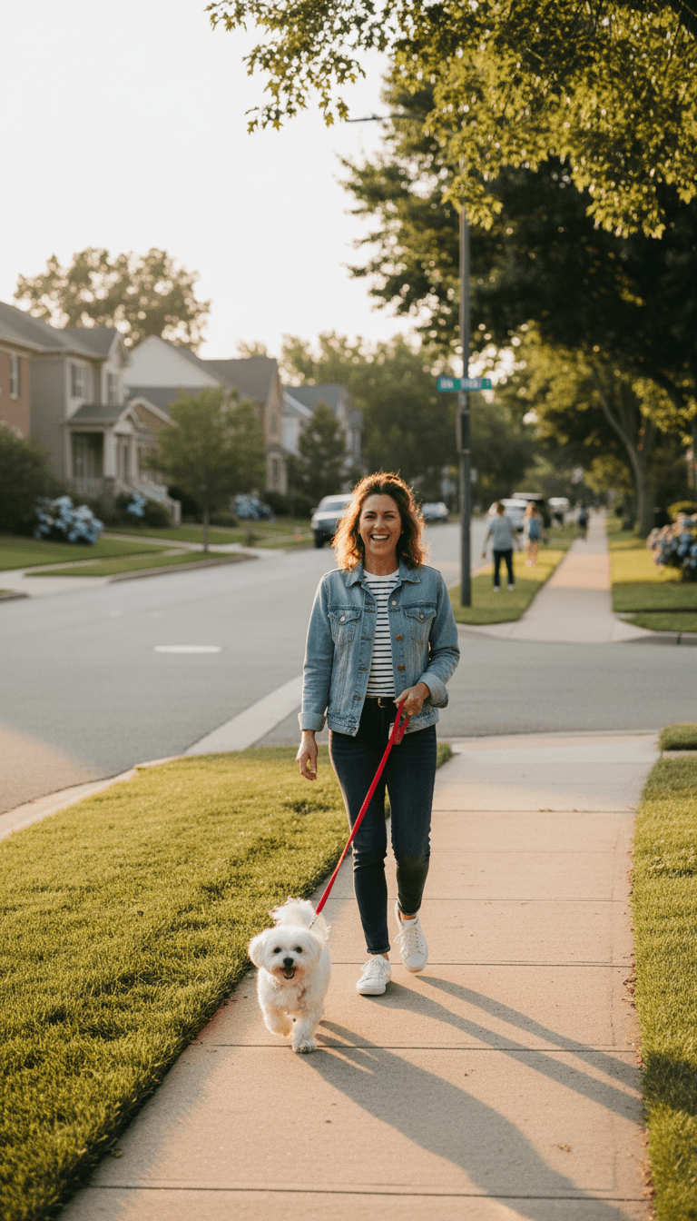 dog owner and walker on a quiet street