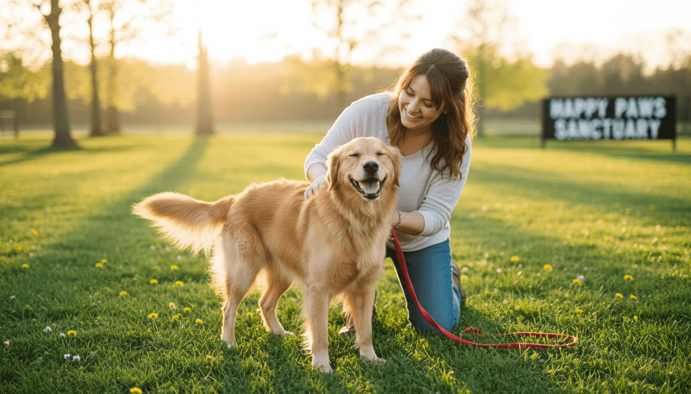 Person petting a happy dog on a sunny lawn, warm and personal pet care scene