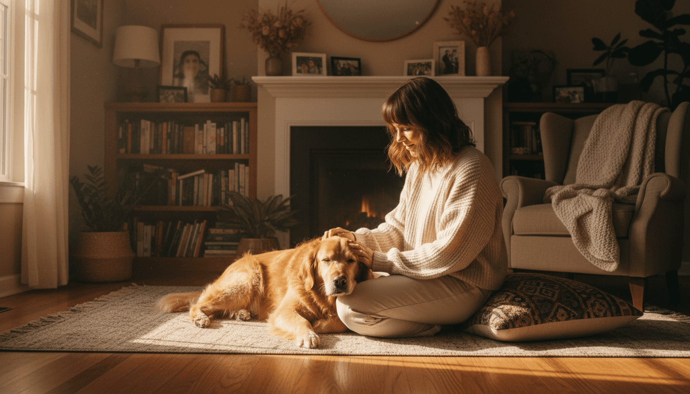 Person petting a golden retriever in a cozy living room with natural light