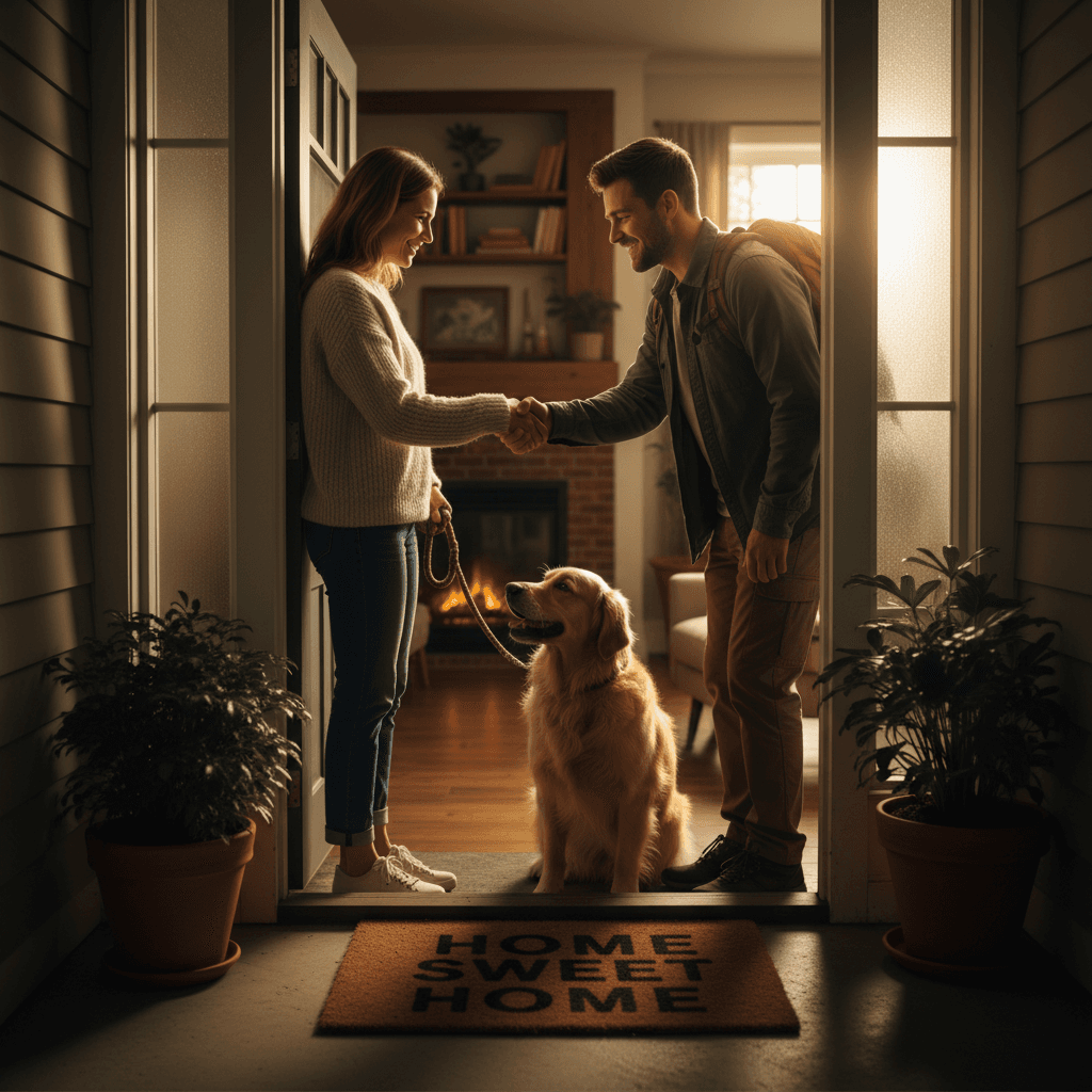 pet owner shaking hands with pet sitter at front door warm greeting