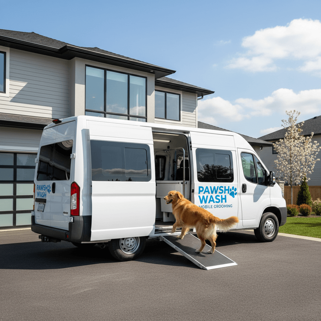 Dog walking up a ramp into a bright mobile grooming van