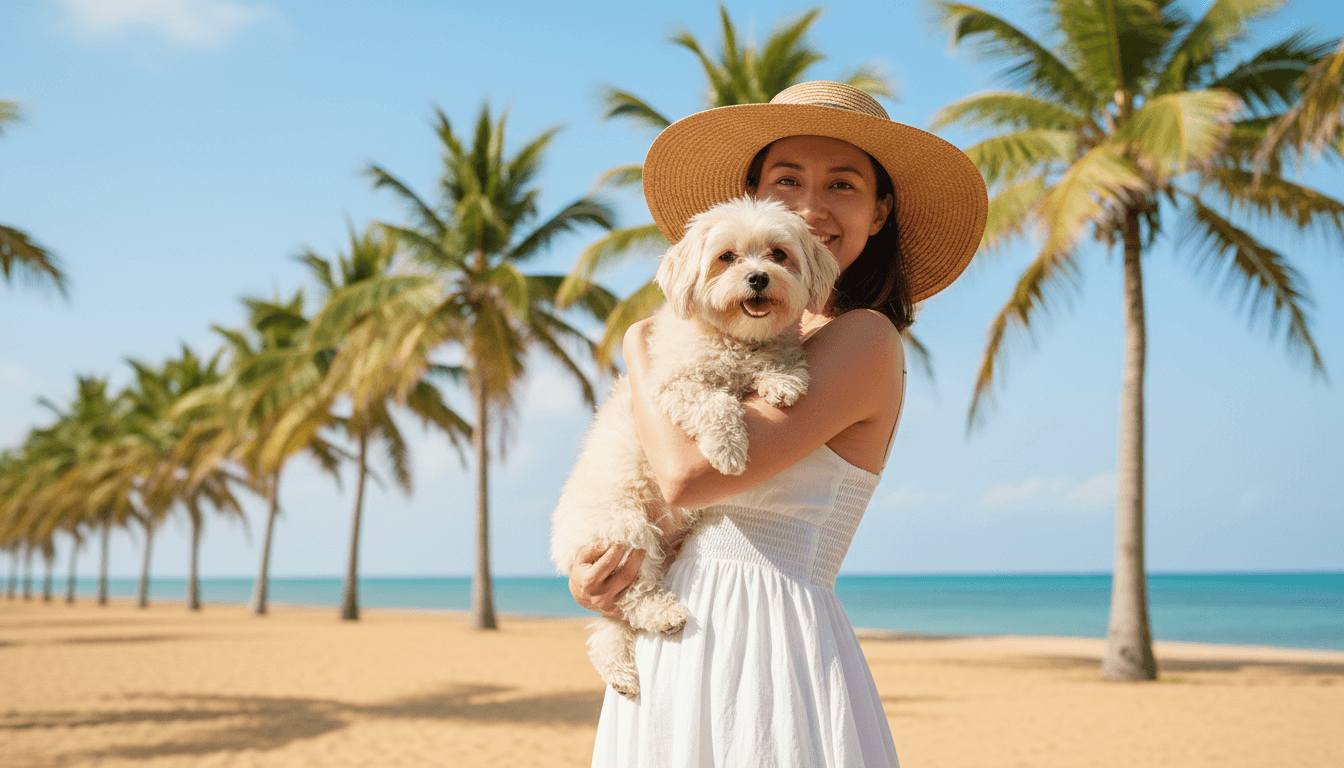 Person holding a small dog in a sunny Honolulu outdoor setting with palm trees in the background