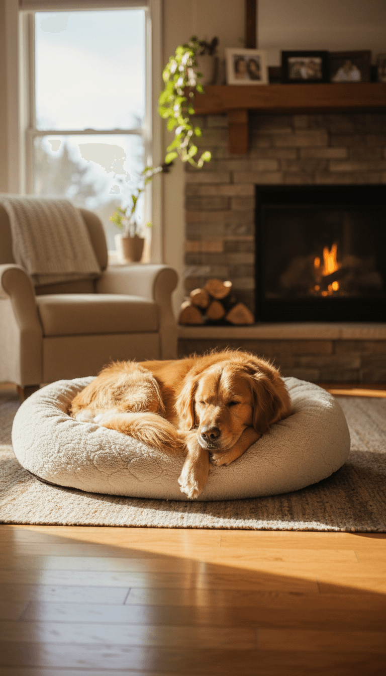 Dog sleeping peacefully on a cozy dog bed indoors