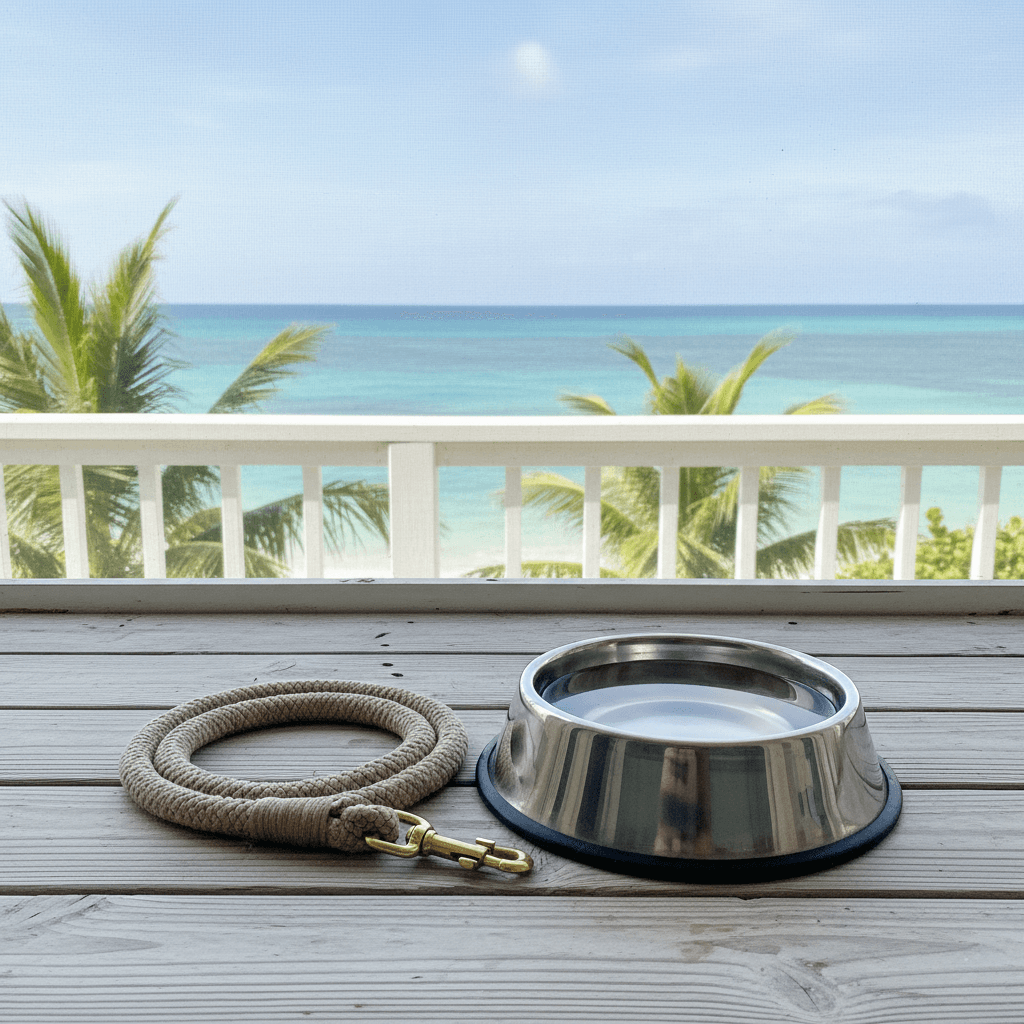 Close up of a pet leash and water bowl on a lanai with ocean view
