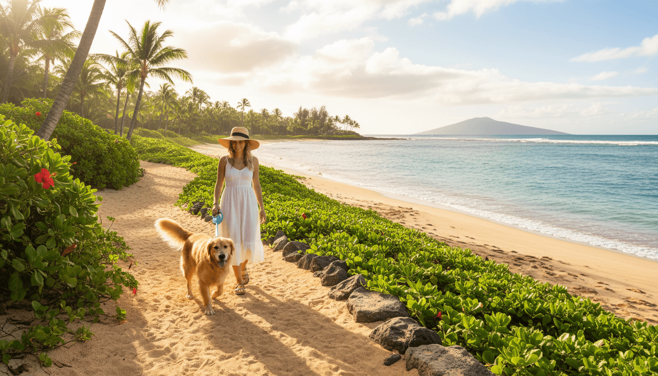 Person walking a happy dog on a sunny beach path in Hawaii