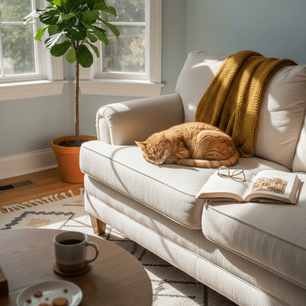 Cat relaxing on a couch in a sunlit living room