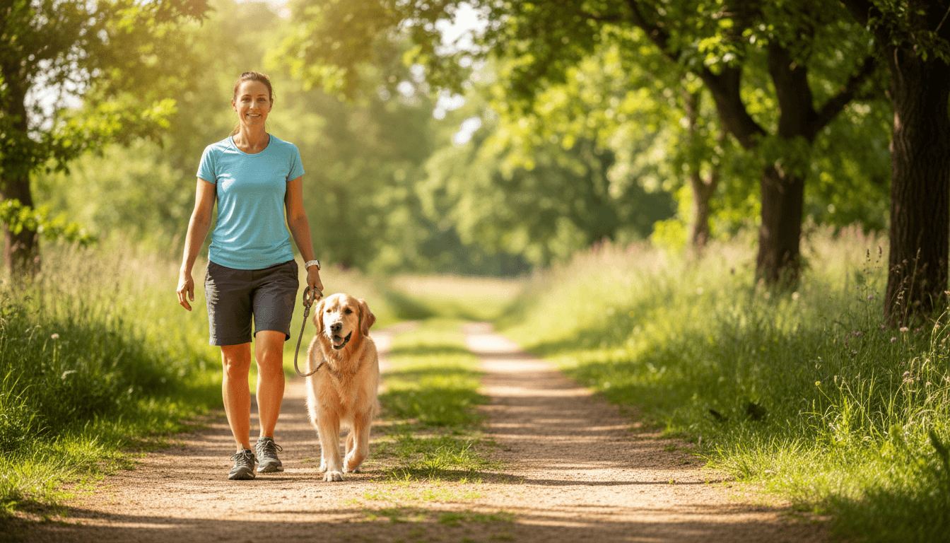 Person walking a golden retriever on a leash in a sunny park