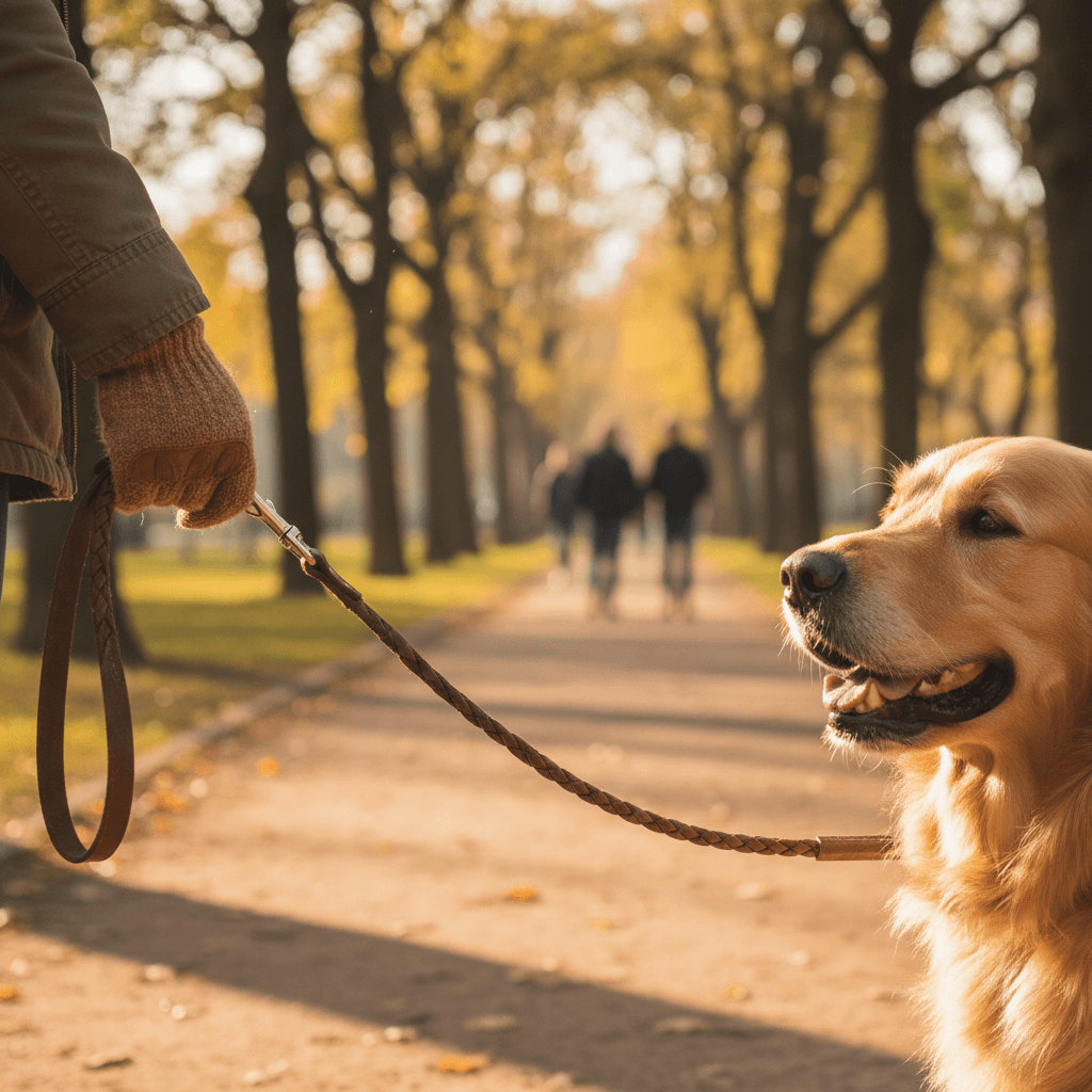 Person holding a leash and petting a happy dog in a sunny park