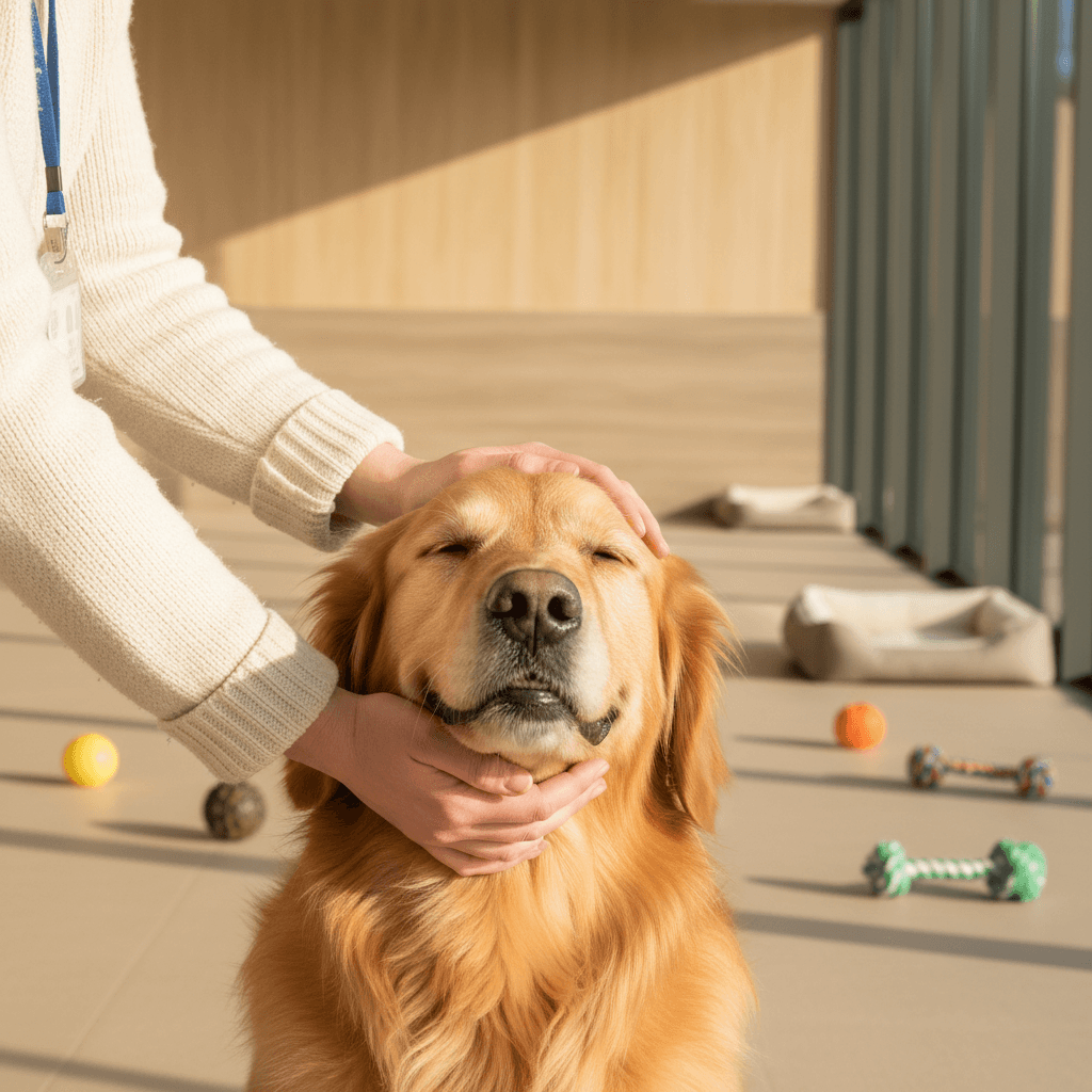 Woman petting a dog indoors with warm natural light