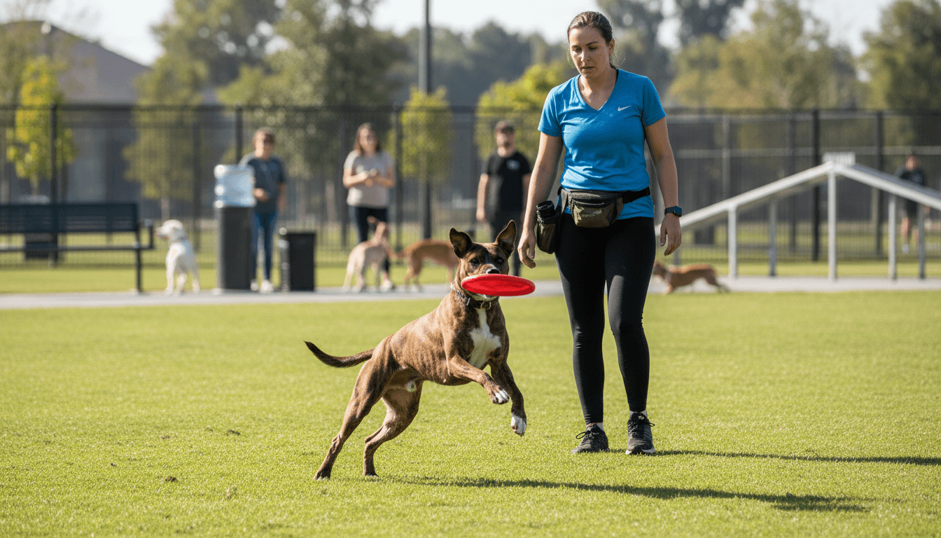 Athletic dog jumping during play at park with professional handler supervising from alert standing position nearby