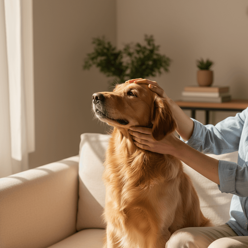 Pet owner smiling while petting happy golden retriever dog in sunny tropical backyard