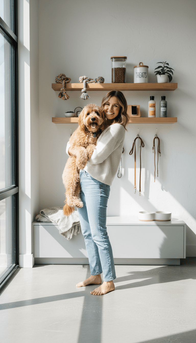 Pet owner smiling while petting happy dog on living room floor warm natural lighting
